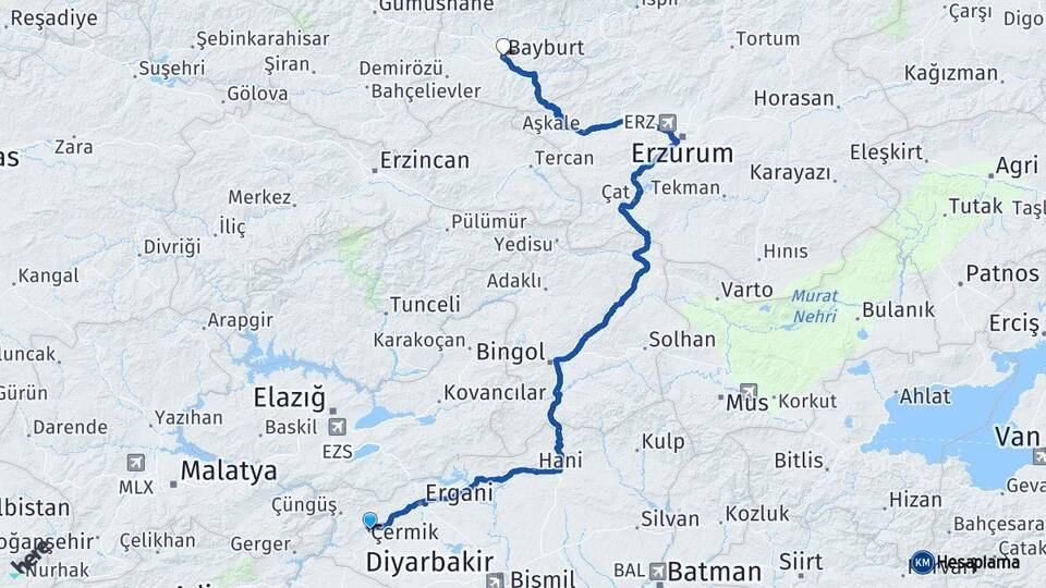 Diyarbakır Çermik Bayburt Arası Kaç Km - Yol Haritası
