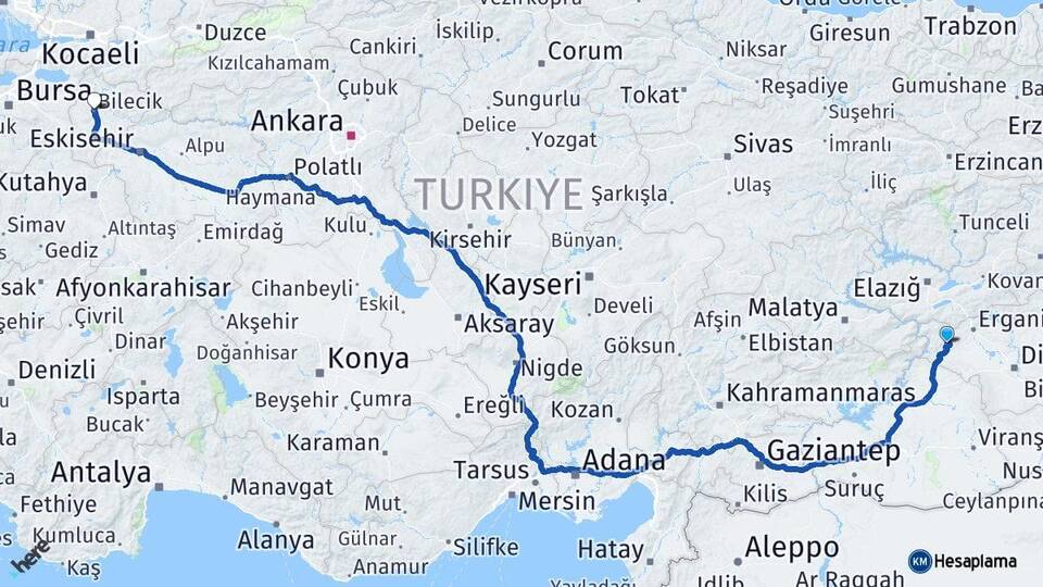 Diyarbakır Çermik Bilecik Arası Kaç Km - Yol Haritası
