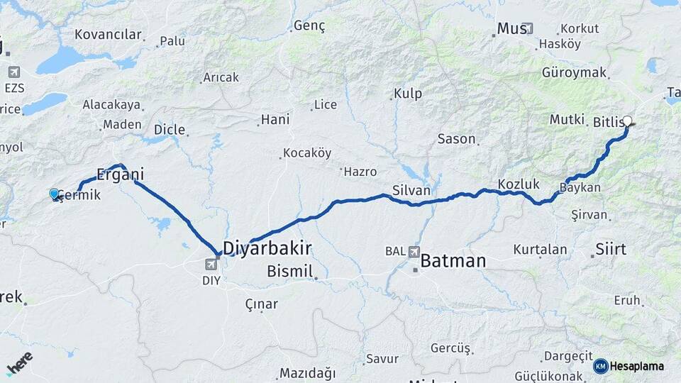 Diyarbakır Çermik Bitlis Arası Kaç Km - Yol Haritası