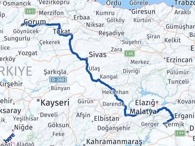 Diyarbakır Çermik Çorum Arası Kaç Km - Yol Haritası