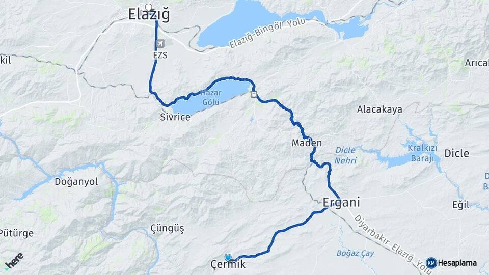 Diyarbakır Çermik Elazığ Arası Kaç Km - Yol Haritası