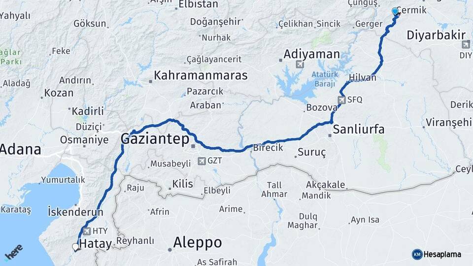 Diyarbakır Çermik Hatay Arası Kaç Km - Yol Haritası