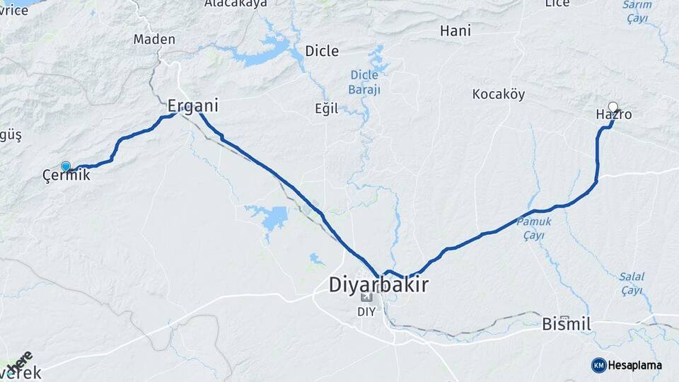 Diyarbakır Çermik Hazro Arası Kaç Km - Yol Haritası