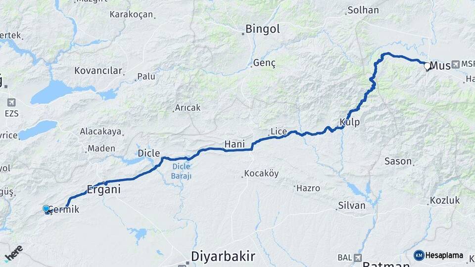 Diyarbakır Çermik Muş Arası Kaç Km - Yol Haritası