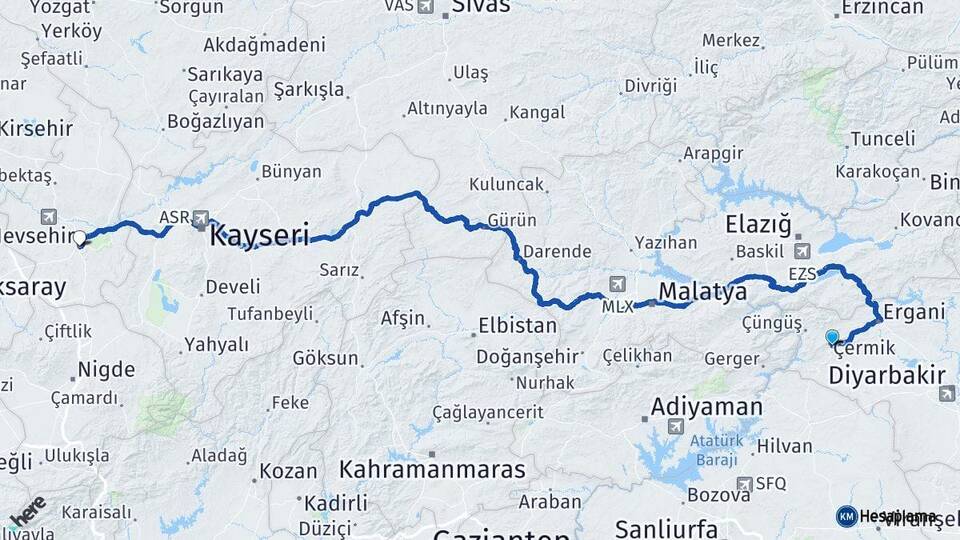 Diyarbakır Çermik Nevşehir Arası Kaç Km - Yol Haritası