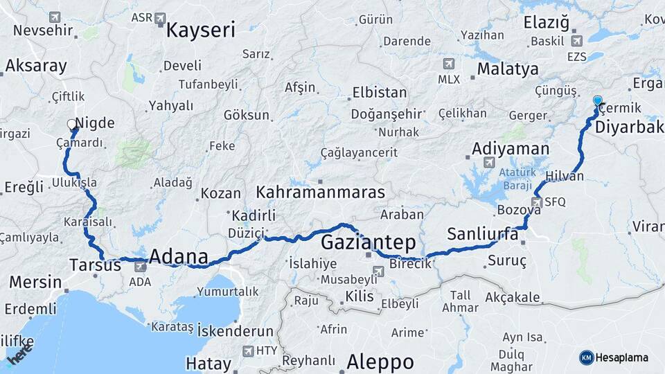 Diyarbakır Çermik Niğde Arası Kaç Km - Yol Haritası