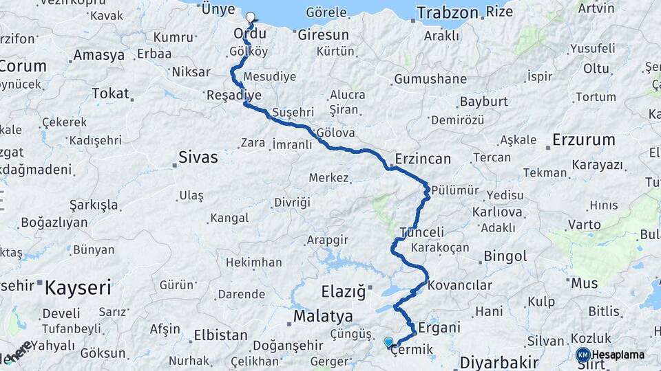 Diyarbakır Çermik Ordu Arası Kaç Km - Yol Haritası