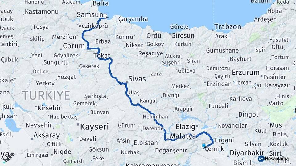 Diyarbakır Çermik Samsun Arası Kaç Km - Yol Haritası