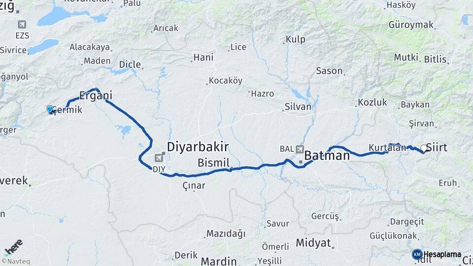 Diyarbakır Çermik Siirt Arası Kaç Km - Yol Haritası