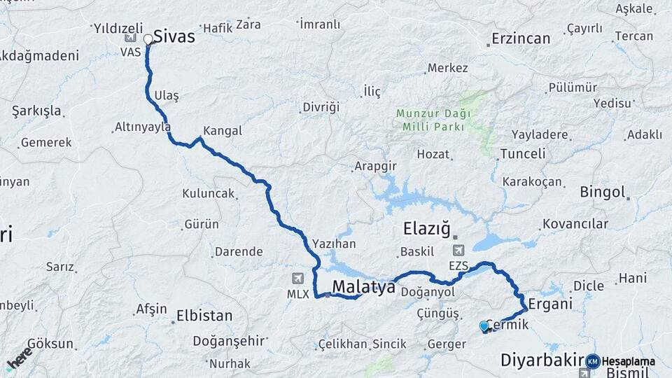 Diyarbakır Çermik Sivas Arası Kaç Km - Yol Haritası
