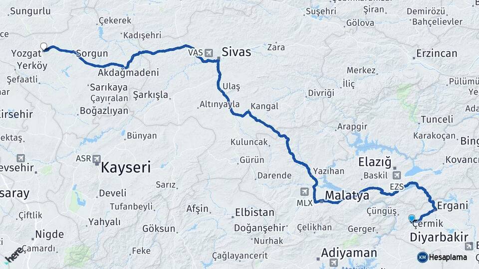 Diyarbakır Çermik Yozgat Arası Kaç Km - Yol Haritası