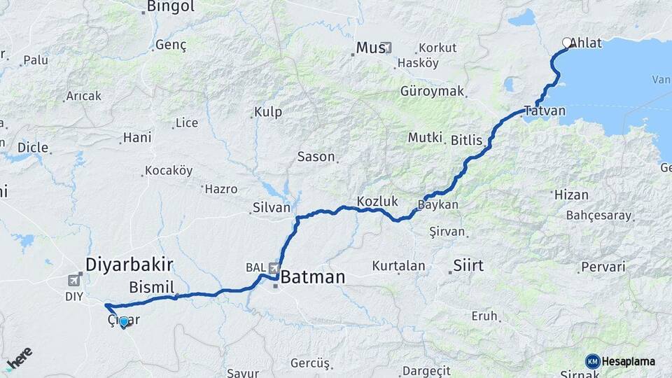Diyarbakır Çınar Ahlat Bitlis Arası Kaç Km - Yol Haritası