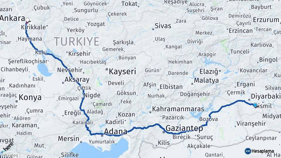 Diyarbakır Çınar Ankara Arası Kaç Km - Yol Haritası