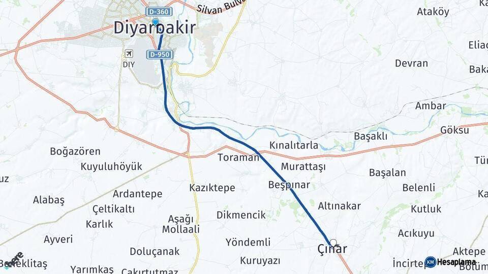 Diyarbakır Çınar Arası Kaç Km - Yol Haritası