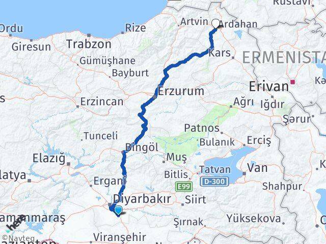 Diyarbakır Çınar Ardahan Arası Kaç Km - Yol Haritası