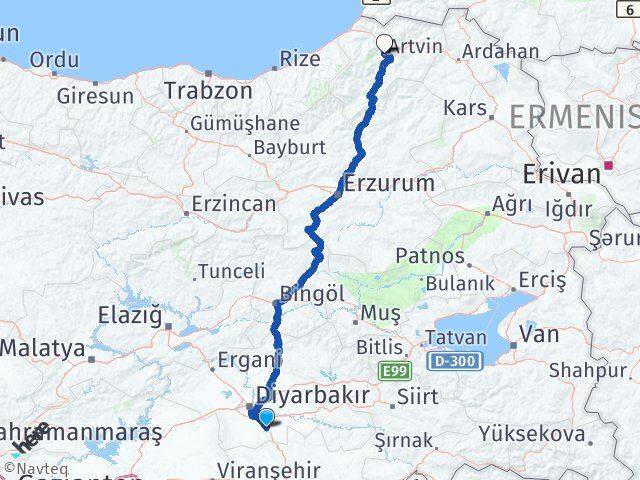 Diyarbakır Çınar Artvin Arası Kaç Km - Yol Haritası