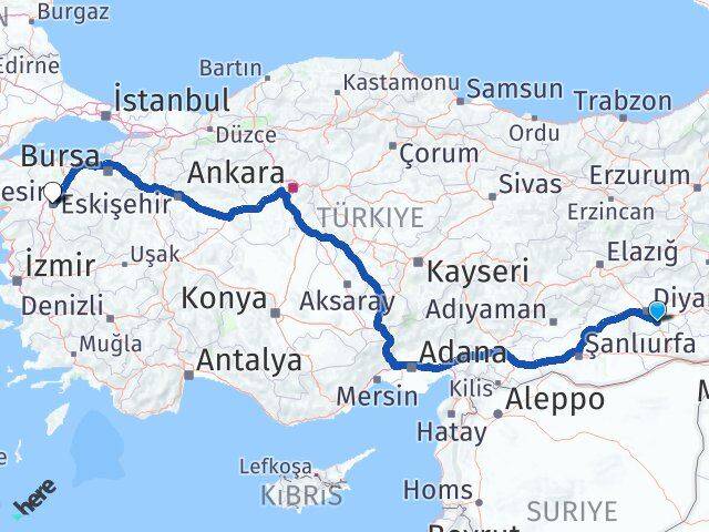 Diyarbakır Çınar Balıkesir Arası Kaç Km - Yol Haritası