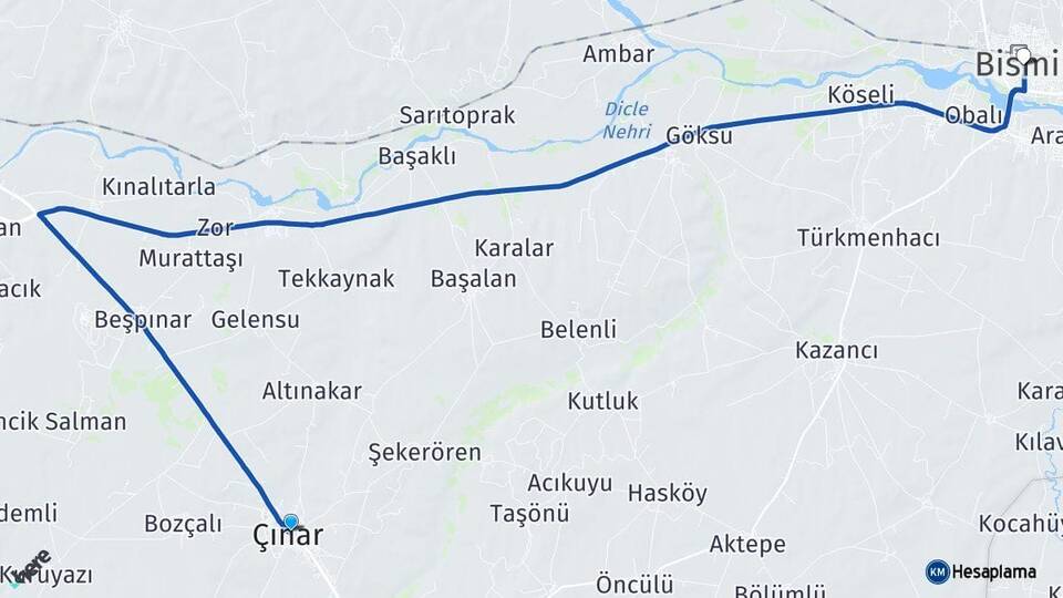 Diyarbakır Çınar Bismil Arası Kaç Km - Yol Haritası