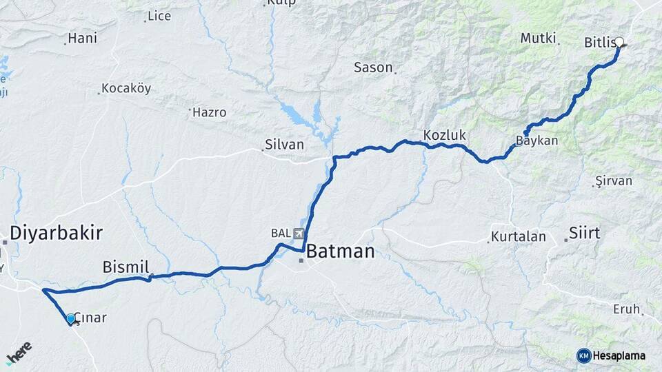 Diyarbakır Çınar Bitlis Arası Kaç Km - Yol Haritası