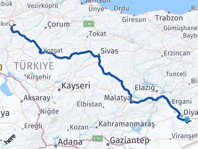 Diyarbakır Çınar Çankırı Arası Kaç Km - Yol Haritası