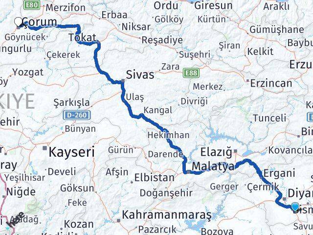 Diyarbakır Çınar Çorum Arası Kaç Km - Yol Haritası