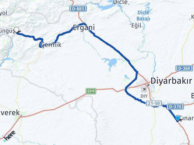 Diyarbakır Çınar Çüngüş Arası Kaç Km - Yol Haritası