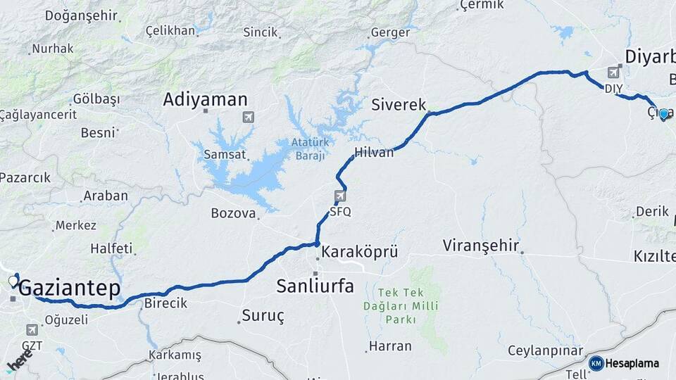 Diyarbakır Çınar Gaziantep Arası Kaç Km - Yol Haritası