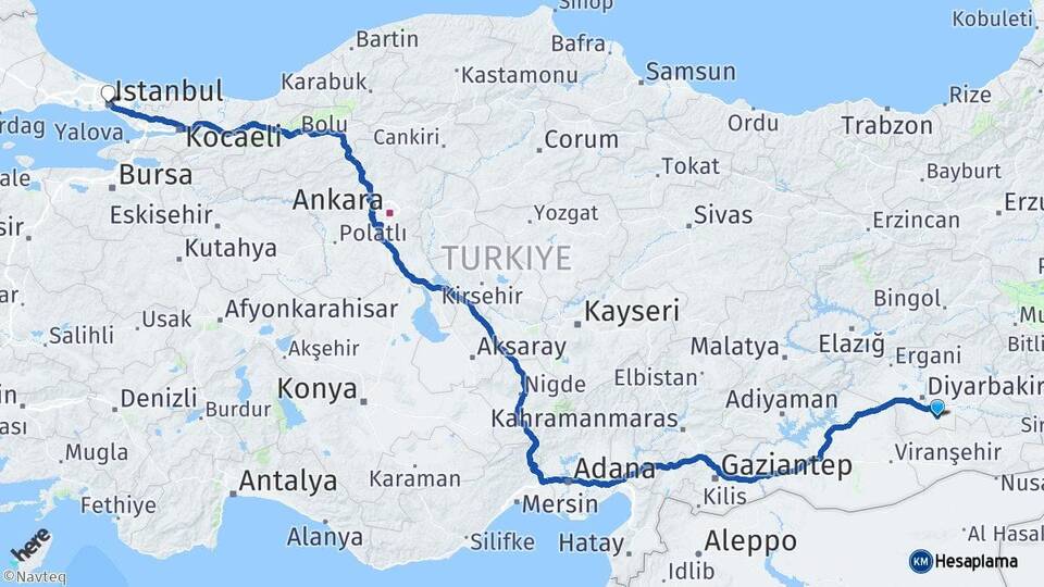 Diyarbakır Çınar İstanbul Arası Kaç Km - Yol Haritası
