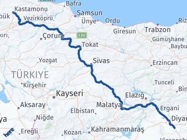 Diyarbakır Çınar Kastamonu Arası Kaç Km - Yol Haritası