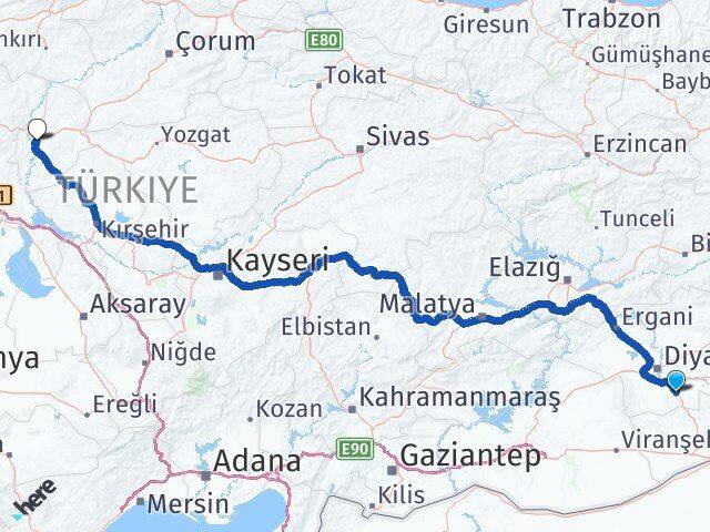Diyarbakır Çınar Kırıkkale Arası Kaç Km - Yol Haritası