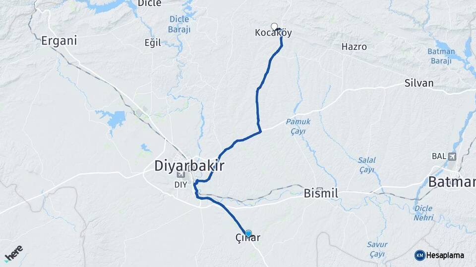Diyarbakır Çınar Kocaköy Arası Kaç Km - Yol Haritası