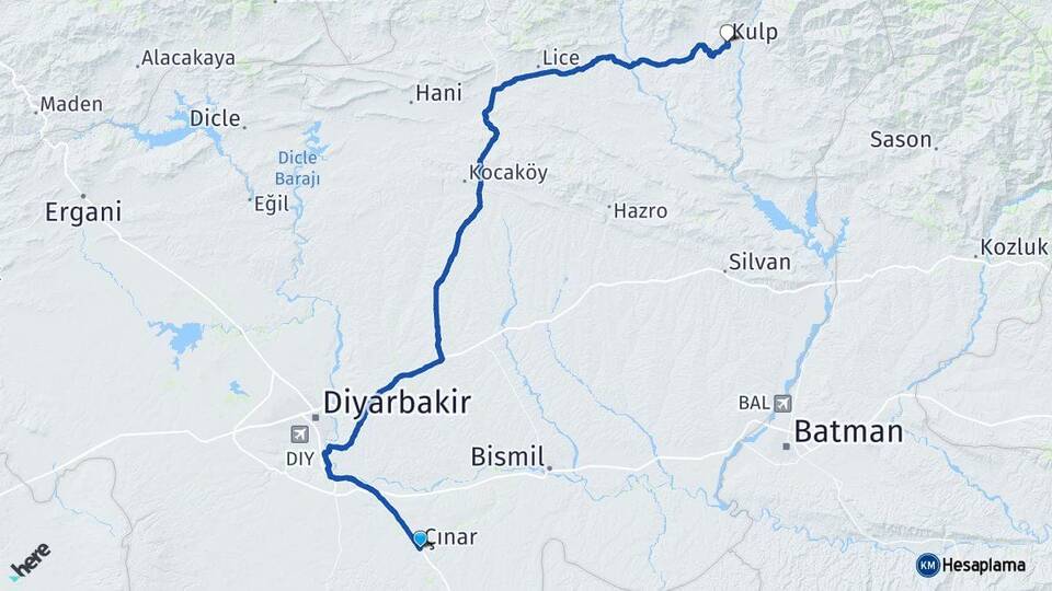 Diyarbakır Çınar Kulp Arası Kaç Km - Yol Haritası
