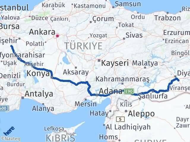 Diyarbakır Çınar Kütahya Arası Kaç Km - Yol Haritası