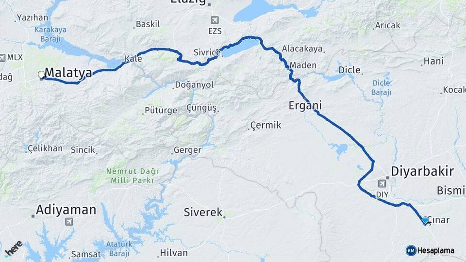 Diyarbakır Çınar Malatya Arası Kaç Km - Yol Haritası