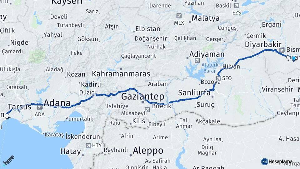 Diyarbakır Çınar Mersin Arası Kaç Km - Yol Haritası