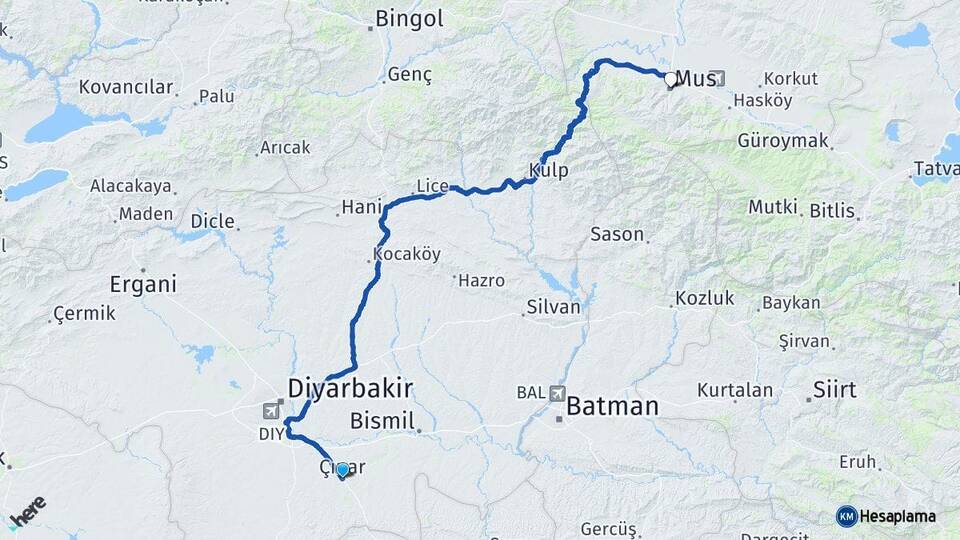 Diyarbakır Çınar Muş Arası Kaç Km - Yol Haritası