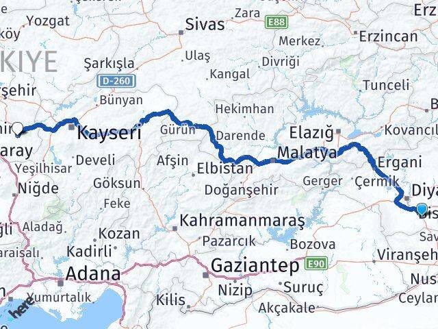 Diyarbakır Çınar Nevşehir Arası Kaç Km - Yol Haritası