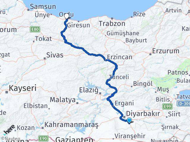 Diyarbakır Çınar Ordu Arası Kaç Km - Yol Haritası