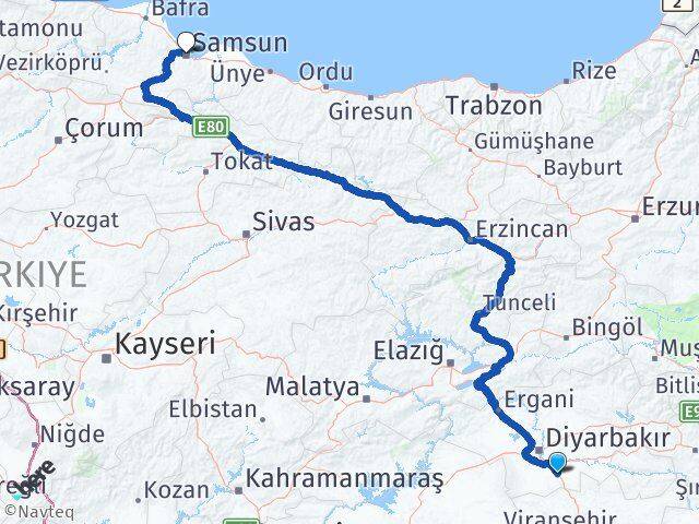 Diyarbakır Çınar Samsun Arası Kaç Km - Yol Haritası