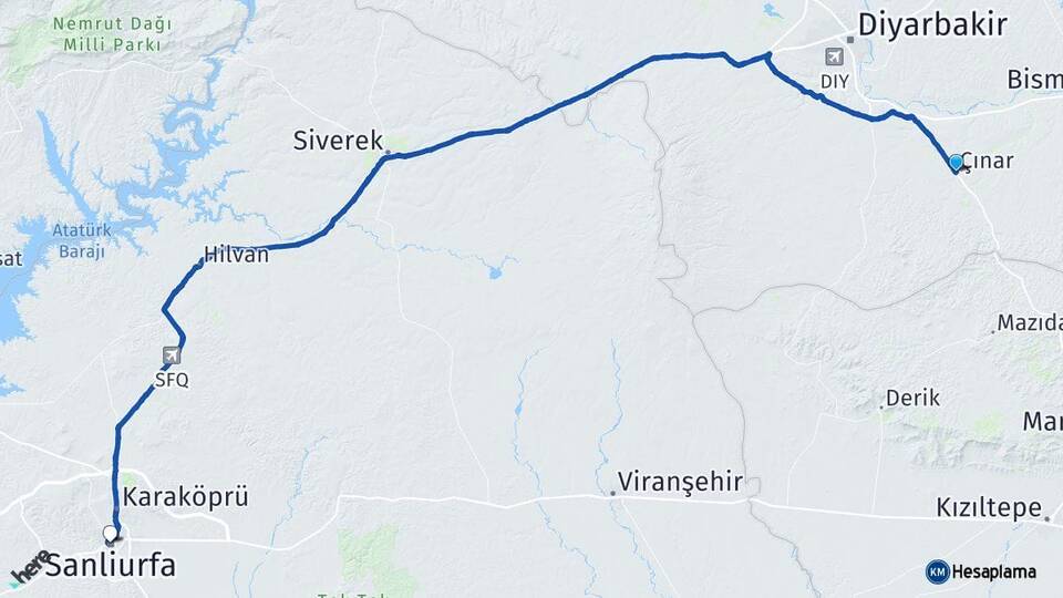 Diyarbakır Çınar Şanlıurfa Arası Kaç Km - Yol Haritası