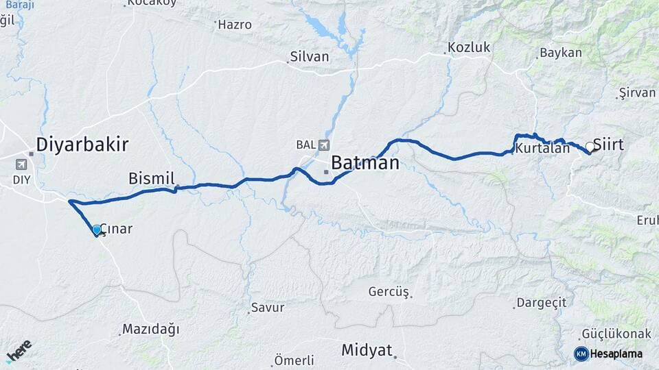 Diyarbakır Çınar Siirt Arası Kaç Km - Yol Haritası