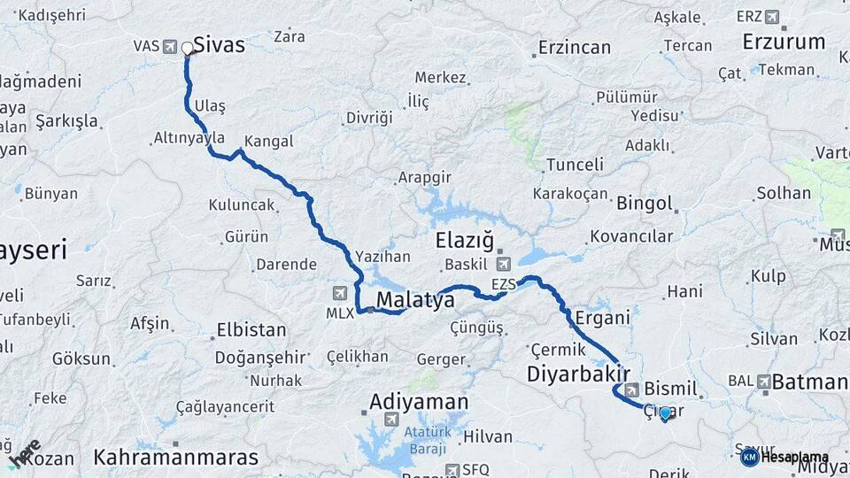 Diyarbakır Çınar Sivas Arası Kaç Km - Yol Haritası