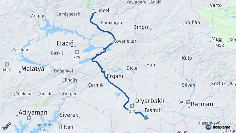 Diyarbakır Çınar Tunceli Arası Kaç Km - Yol Haritası