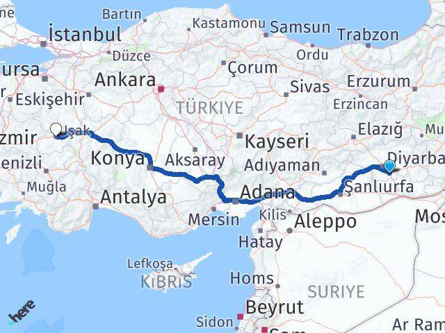 Diyarbakır Çınar Uşak Arası Kaç Km - Yol Haritası
