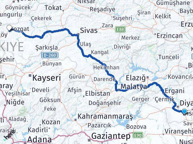 Diyarbakır Çınar Yozgat Arası Kaç Km - Yol Haritası