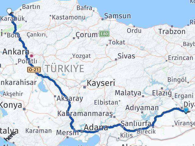 Diyarbakır Çınar Zonguldak Arası Kaç Km - Yol Haritası