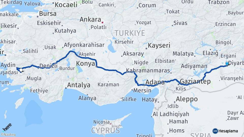 Diyarbakır Çine Aydın Arası Kaç Km - Yol Haritası