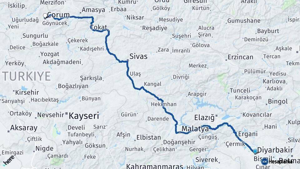 Diyarbakır Çorum Arası Kaç Km - Yol Haritası