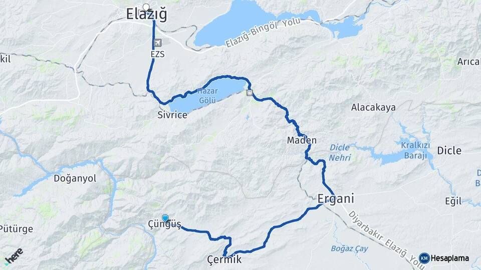 Diyarbakır Çüngüş Elazığ Arası Kaç Km - Yol Haritası