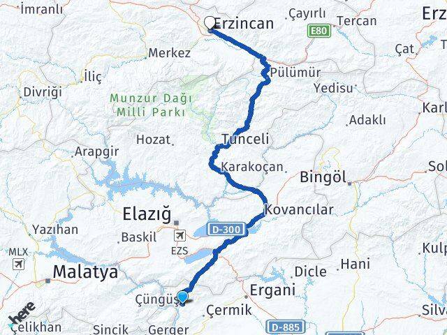 Çüngüş Erzincan Arası Kaç Km - Yol Tarifi